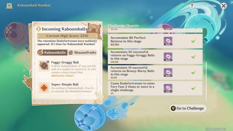 Kaboomball Kombat event challenges (image via Genshin Impact)